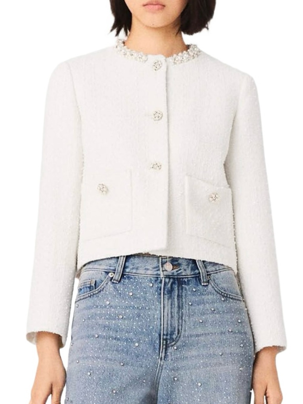 Maje Cropped Pearl-Trim White Tweed Jacket Brand New with Tags XS/S
